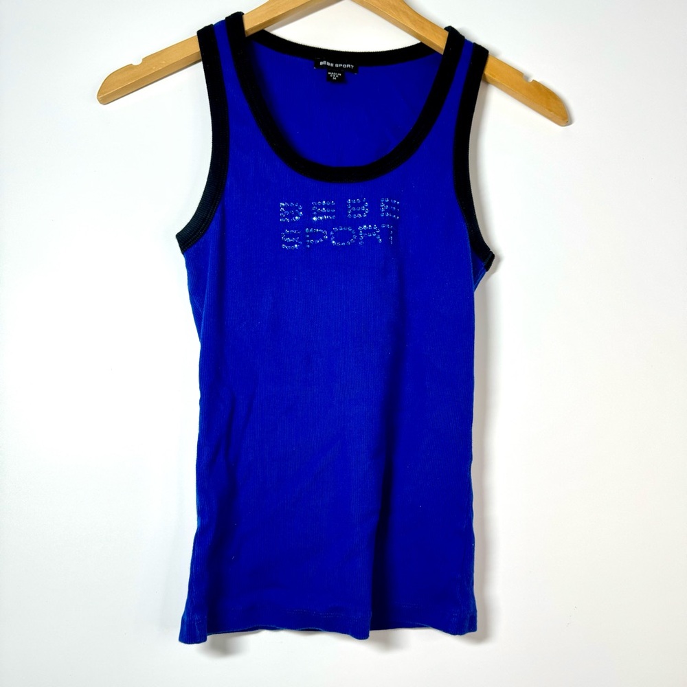 Bebe Sport Blue and Black Tank Top Rhinestone Y2K Size M